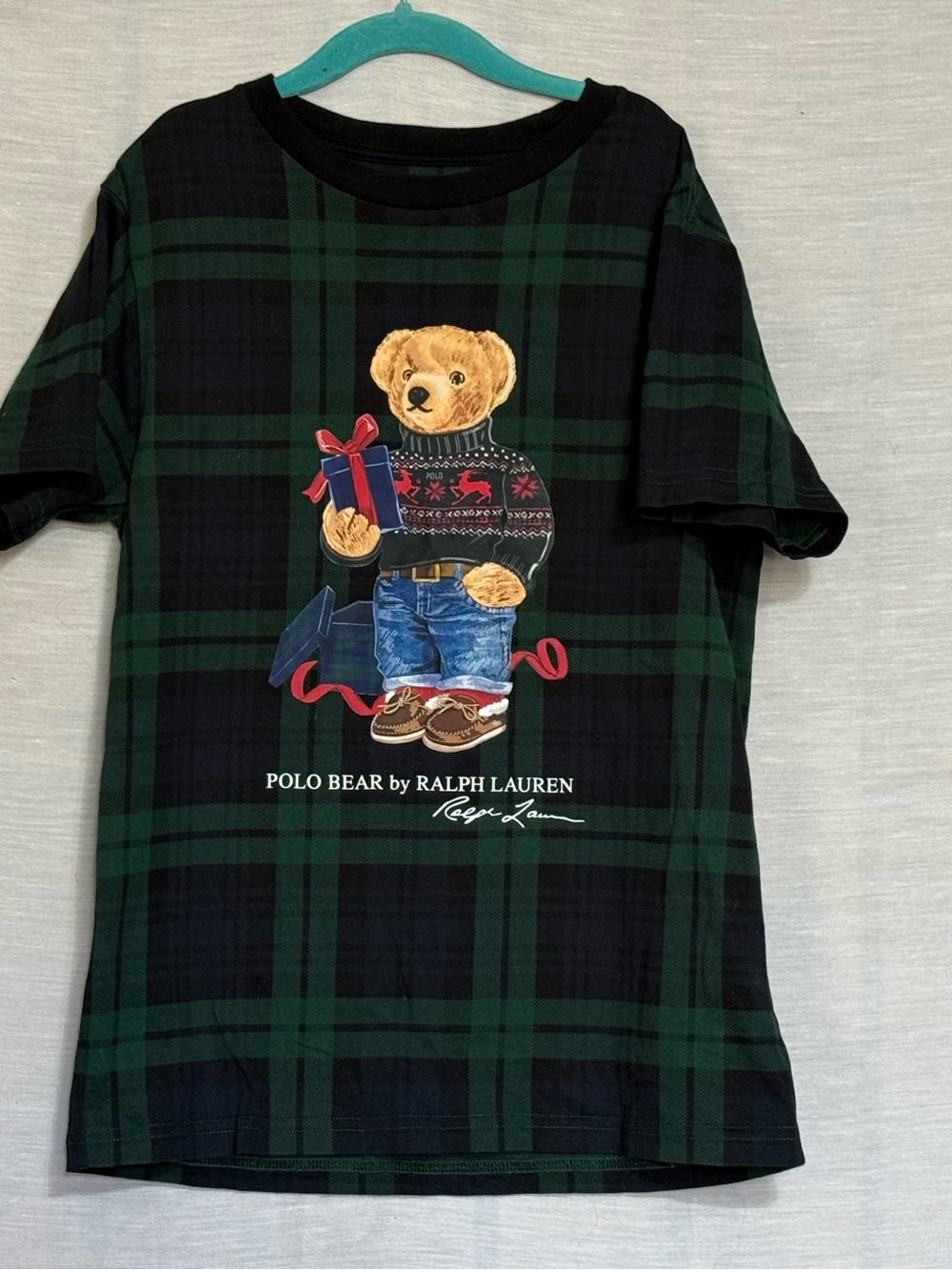Polo Ralph Lauren Boys 8 Polo Bear Green Black Plaid Cotton Jersey Tee